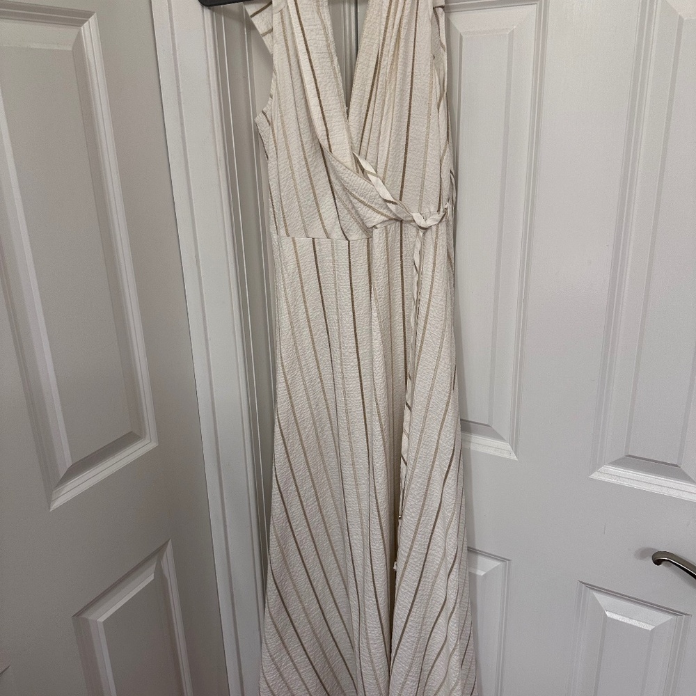 Calvin Klein Wrap Dress, white with gold trim/stripes, size 14, sleeveless